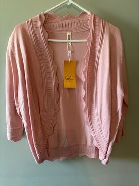 GG Collection Pink Open-Front Scalloped Trim Cardigan